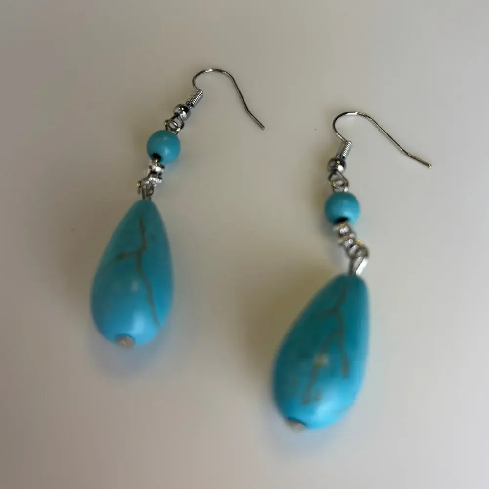 Turquoise Silver Tone Faux Western Boho Southwestern Cowgirl Earrings NEW